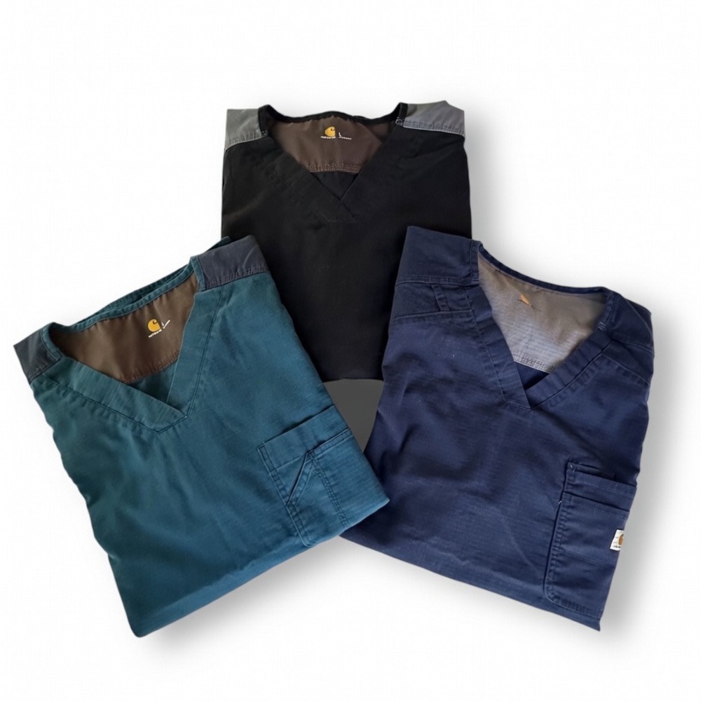 Carhartt Men's V-Neck Scrub Tops in Teal, Black, and Navy